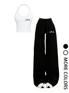 Y2K Style Women's Backless Halter Crop Top and Wide Leg Pants Set, Retro 'ada' Print Casual for Spring, Effortless Youthful Vibe