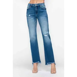 bytos Full Size Raw Hem Distressed Mid Rise Straight Jeans