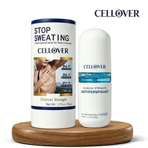 CELLOVER Unisex Strong Antiperspirant and Deodorant Spray provides 48-hour antiperspirant and deodorant effects, has triple stress resistance, contains hyaluronic acid, is weakly acidic, and comes in a 1.76 ounce bottle.