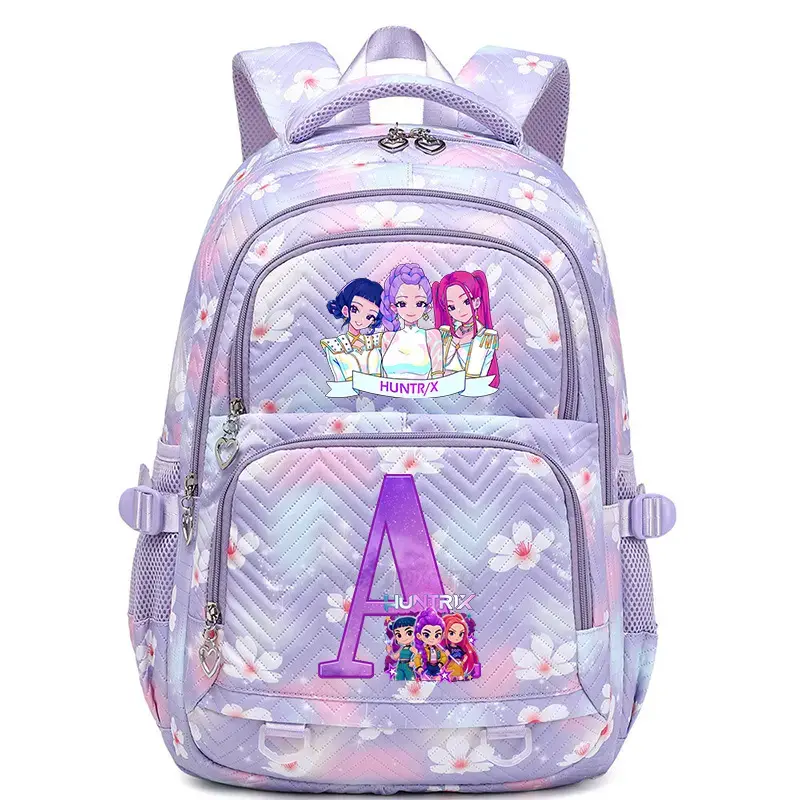 New Huntrx KPOP Cartoon Letter S Print Backpack - Pastel Purple Cherry Blossom Chevron Quilted, Lightweight Water-Resistant Multi-Pocket Korean Style Large Capacity Student Daypack with Breathable Padded Straps