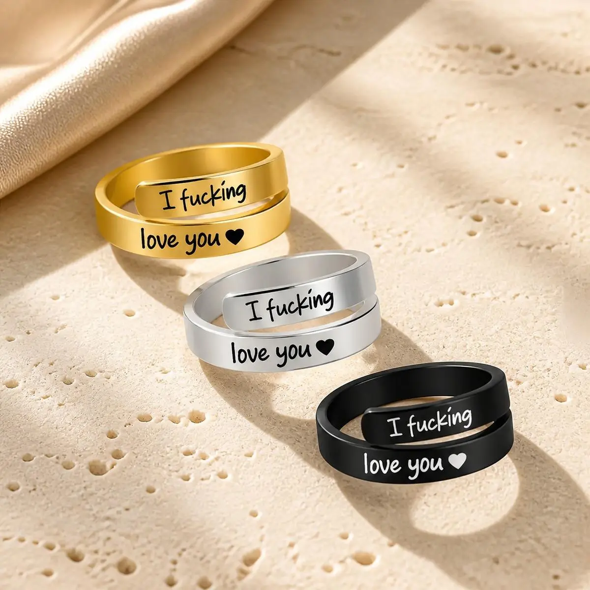 Adjustable "I Fvcking Love You" Wrap Ring, 304 Stainless Steel Band with Engraved Heart Message, Tarnish-Resistant Hypoallergenic Couples’ Gift for Women and Men, Gold, Silver or Black