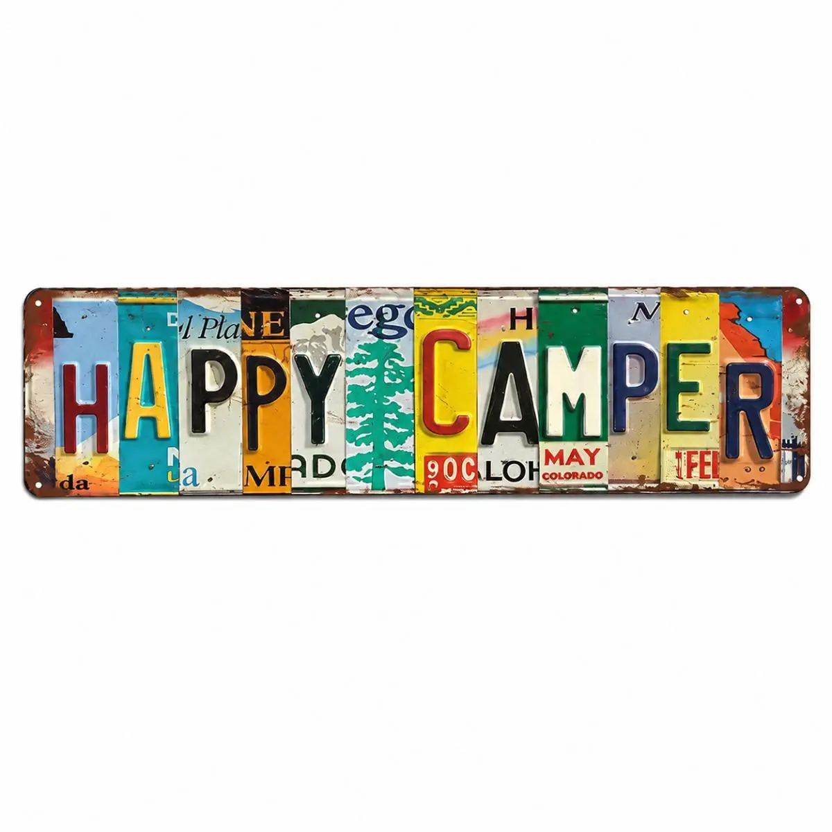 4x16 Inch Happy Camper Metal Sign, RV Camper Wall Decor, Camping Lover Gift, Vintage License Plate Style Sign, Camper Trailer Decoration, Outdoor Campsite Decor, Cabin Wall Art