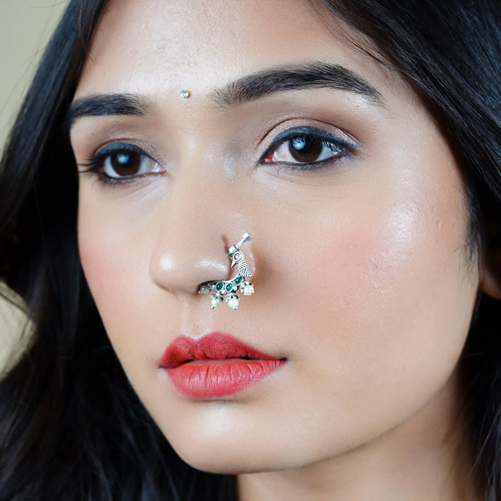 Elegant Screw Lock Nose Ring | German Silver Bird Nath with Faux Pearl, Rhodium Plating | Non-Piercing Bridal Gift | Festive Jewelry