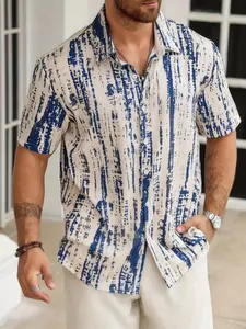 Men's Blue Stroke Print Short Sleeve Shirt, Casual Loose Fit Button-Up Top, Summer Beach Vacation Choice