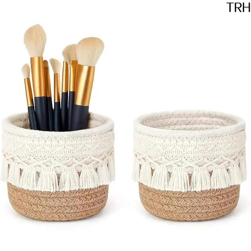 Boho Macrame Tassel Fringe Round Storage Basket, Cotton Jute Blend Hand‑Woven Desktop Makeup Brush Holder, Multi‑Purpose Small Woven Organizer Bin for Vanity Counter Bedroom Dresser Bathroom Home Decor