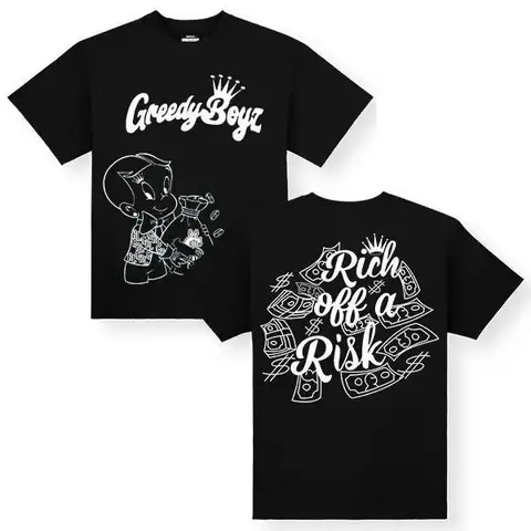 GreedyBoyz Menswear Short-Sleeve Tshirt - Customized Unisex Cotton Round Neck Graphic Top with "Rich off a Risk" Print, Machine Washable, All-Season Classic, Moisture-Wicking, Streetwear Everyday Top