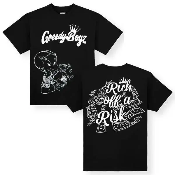 GreedyBoyz Menswear Short-Sleeve Tshirt - Customized Unisex Cotton Round Neck Graphic Top with "Rich off a Risk" Print, Machine Washable, All-Season Classic, Moisture-Wicking, Streetwear Everyday Top