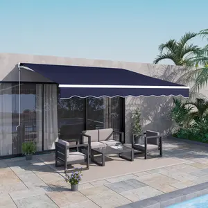12' x 10' Electric Retractable Awning Sunshade Shelter with Remote Controller & Crank Handle for Deck Balcony Yard Blue 270gsm PU-coated Polyester Fabric UV Protection