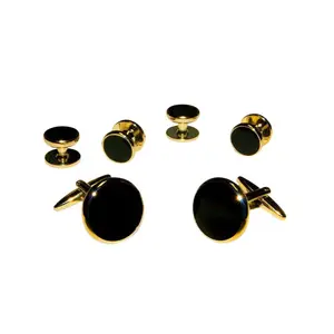 Black Circular Enamel in Gold Setting Studs & Cufflinks Set