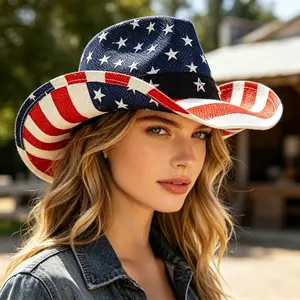 Vintage Classic Red, White & Blue Star Stripe Western Cowboy Hat, Wide Brim Western Style Hat for Festivals, Parties, Stage Performances & Themed Events