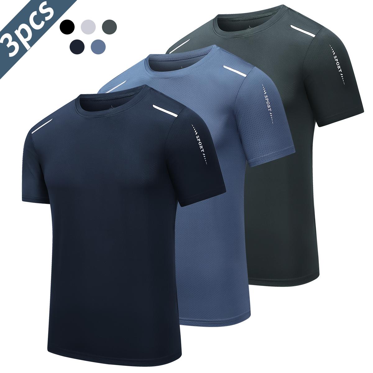 Men's 3-Pack Quick-Dry Sports T-Shirts - Breathable Moisture-Wicking Crew Neck Short Sleeve Shirt, Breathable Quick-Dry Crew Neck Top, Sports Running Shirt, Moisture-Wicking T-Shirt for Gym & Summer Activities