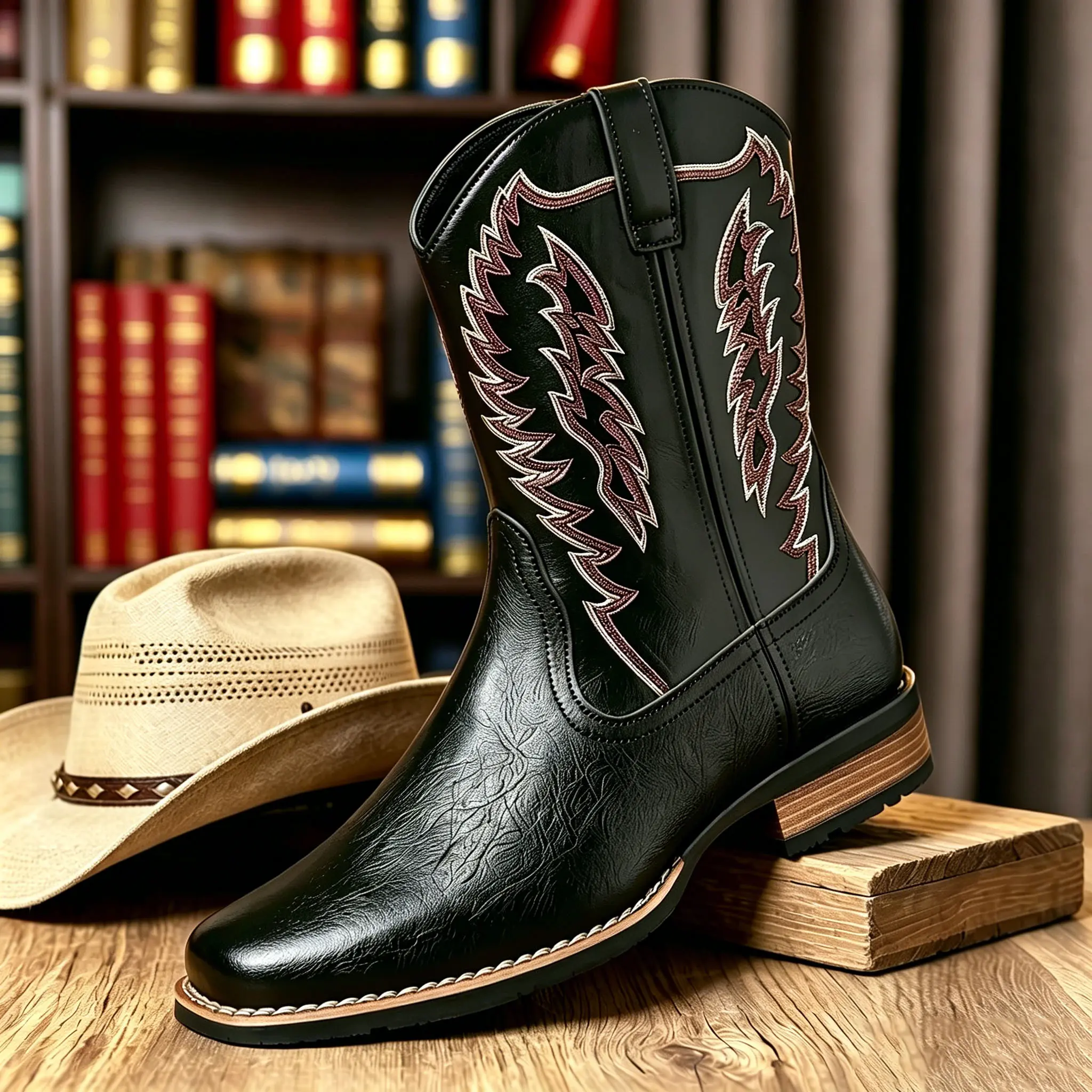 Men’s Retro Classic Embroidered Western Cowboy Boots - Mid Calf, Square Toe, Cuban Heel, Wide Fit, Zip, Slip-Resistant Rubber Sole, All-Season Casual Farm Work Riding Shoe, Comfortable Secure Footwear