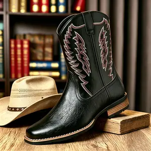 Men’s Embroidered Western Cowboy Boots Mid Calf Square Toe Cuban Heel Wide Fit Zip Slip Resistant Rubber Sole All Season Casual Farm Work Riding Boots, comfortable security footwear