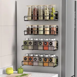 4 Pack Magnetic Spice Rack Organizer for Refrigerator and Microwave Oven, Metal Fridge Shelf for Kitchen, Black