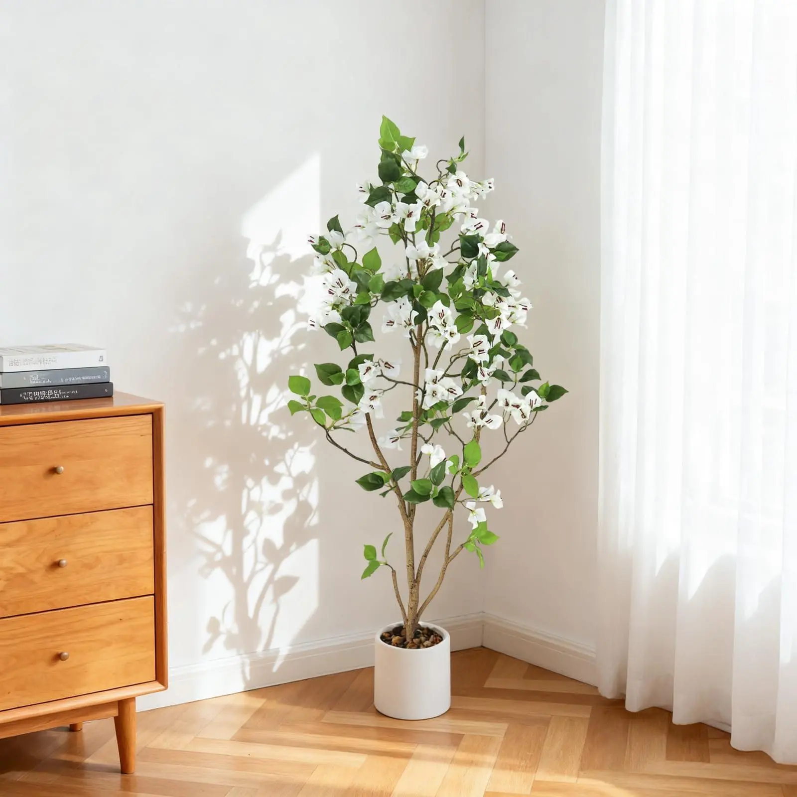 150cm (5ft) Silk Artificial Daisy Tree, White Flowers with White Pot, Realistic Centerpiece, Maintenance-Free Indoor Room Decor for Living Room, Office