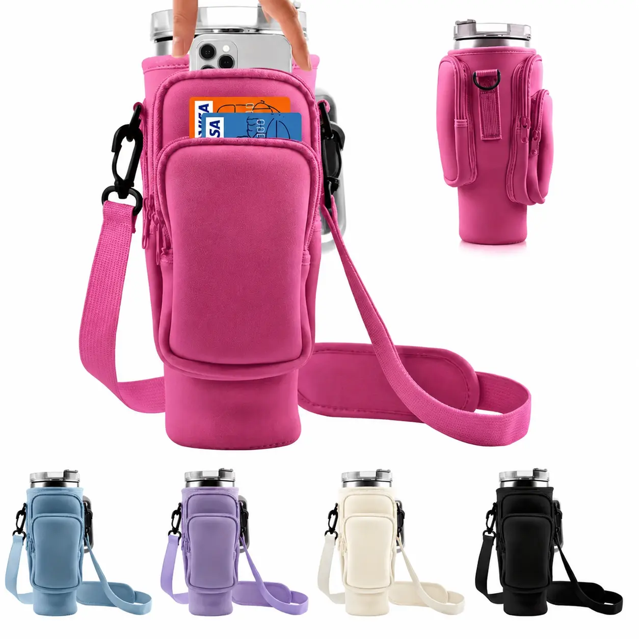 40oz Tumbler Carrier Crossbody Bag with Phone Pocket & Card Slots, Neoprene Water Bottle Holder with Adjustable Strap, Compatible with 40oz Cup