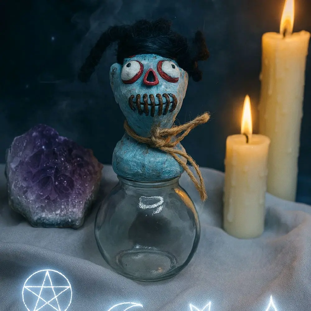 Zombie Mojo Stash Jar - Hand-Sculpted Blue Zombie Head Lid & Rustic Jute Tie - Durable Glass Jar for Herbs & Witchy Oddities - One-Of-A-Kind Creepy-Cute Decor Bottles