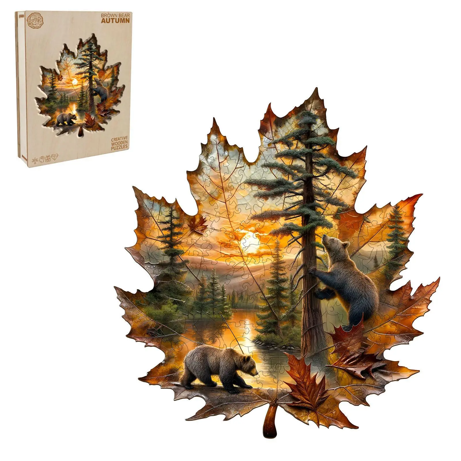 Brown Bear Autumn Wooden Jigsaw Puzzle for Adults and Kids Unique Shape Animal Wood Puzzles Challenging Puzzle, Family Game Creative Gifts，Laser-Cut Durable HDF Wood Puzzle