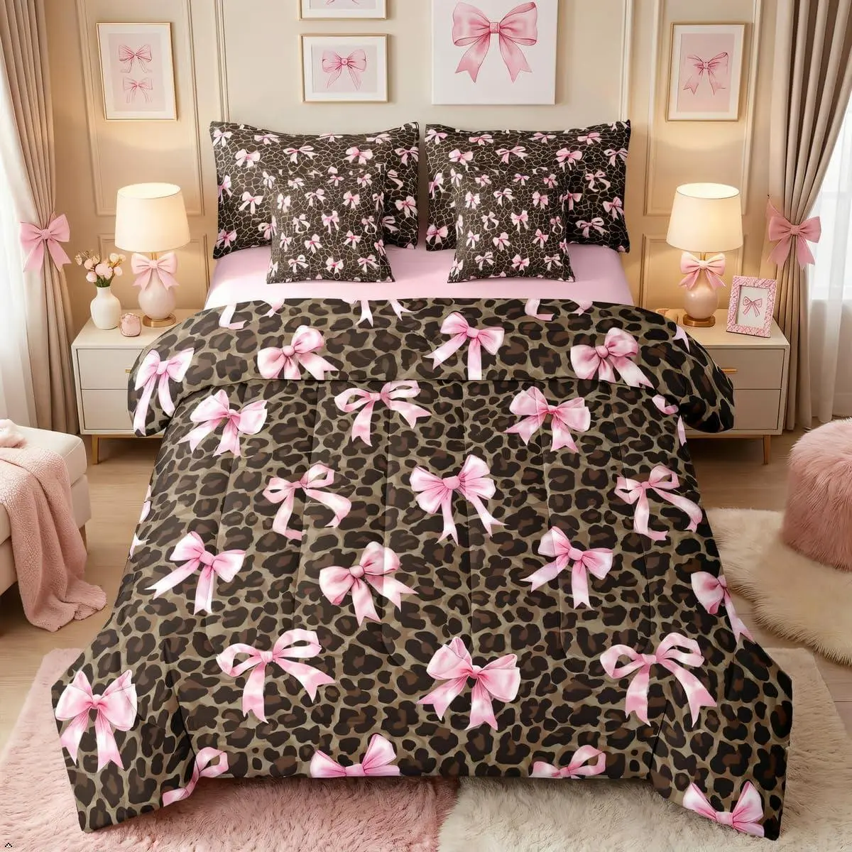 Kawaii Pink Bow 7 Pieces Bedding Set,Brown Leopard Print Bed in a Bag,Ribbon Bowknot Bed Set Includes Comforter,Sheet Set,Pillowcases & Pillow Covers,Farmhouse Cheetah Print Bedroom Decor
