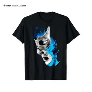 Mex-Art Demon Blue Lucha Libre Mexican Wrestler Graphic T-Shirt (Mens) - 100% cotton soft breathable regular fit casual tee with vibrant mask print, double needle seams, machine washable, wrestling t-shirt, everyday wear top, durable fabric s