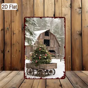2D Flat Decorative Signs & Plaques - 1pc [2D Flat] Winter Country Snow Scene Artwork - Vintage Metal Tin Sign Featuring a Christmas Tree And Wooden Cart - Measures 8.0inch X 12.0inch, Ideal for Home Decoration, Restaurant, Bar Wall Art, Cafe