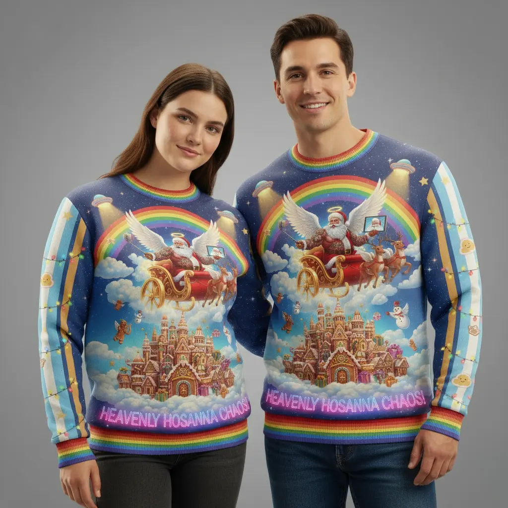Santa’s Divine Gingerbread Stronghold – Celestial Holiday Ugly Sweater