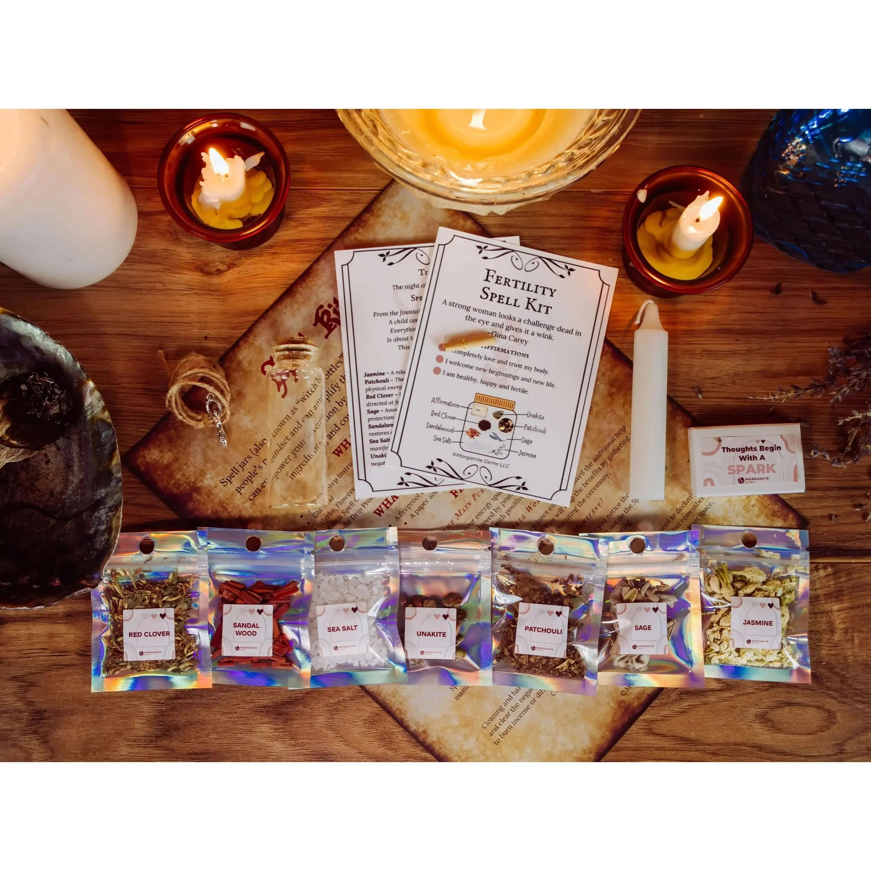 Fertility Spell Jar Kit with Scent, Candle, Clover, Crystals, Flowers, Glass, Incense & Light for Protection and Manifestation