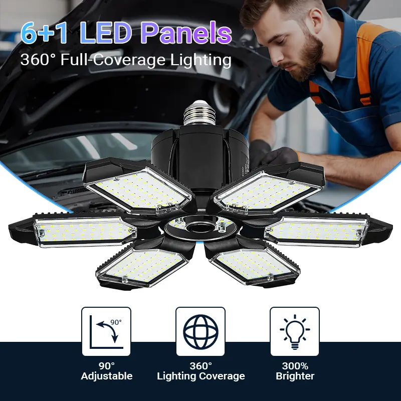 Qawtor Foldable LED Garage Light - Deformable 7+1 Panel E26/E27 Shop Ceiling Bulb, Super Bright Work Light for Barn/Warehouse, Easy Installation, Led Lights, Summervibes