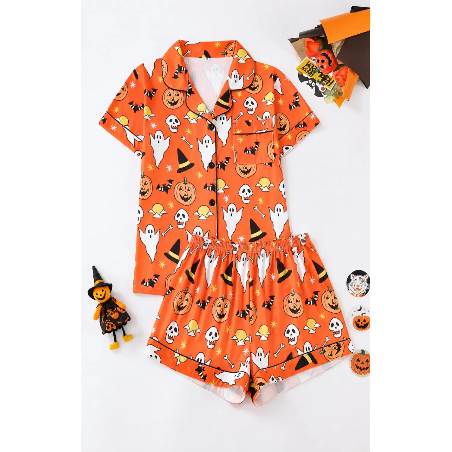 Women's Halloween Pajama Set - Ghost, Pumpkin, and Skull Prints in Soft Satin - Comfortable Loose Fit with Button-Up Short Sleeve Top and Shorts