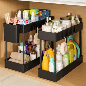 [NATURAL SUMMERTIME] Under Sink Organizer 2 Pack, Under Sink Organizers And Storage, Double-tier Sliding Storage Basket, Kitchen Accessories, Kitchen Storage Solutions, Bathroom Organizers And Storage
