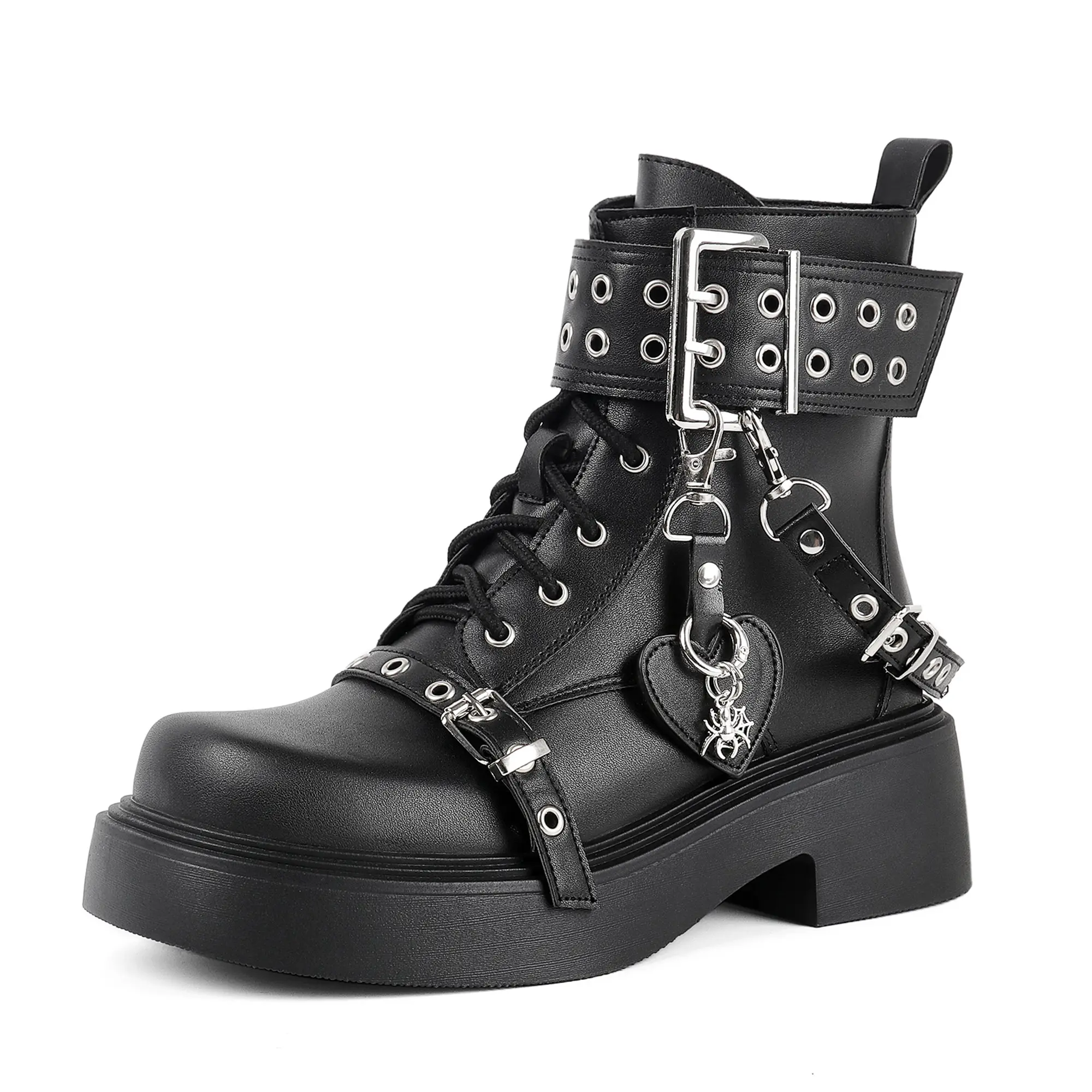 Women's Ankle Length Platform Combat Boots, Round Toe, Chunky Block Heel, Lace-Up & Zipper Closure, PU Upper, Rubber Sole Heels, 2.16 in Height