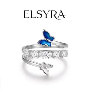 Elsyra S925 Sterling Silver with Twin Butterfly Ring Blue Butterfly Wrap Ring with Sparkling Stones – S925 Sterling Silver Adjustable Ring Sparkle vibes with 5 Cubic Zirconia Accent, Daily Wear Jewelry for Women anniversary christmas gift