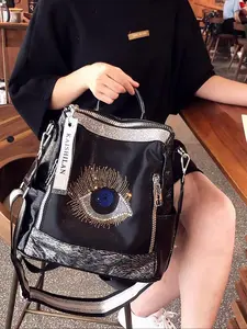 Fashionable Eye Design Backpack, Trendy Contrasting Diamond Studded Backpack, Large Capacity Casual Versatile Backpack for Travel, Outings, Daily Life, Cute Versatile Backpack