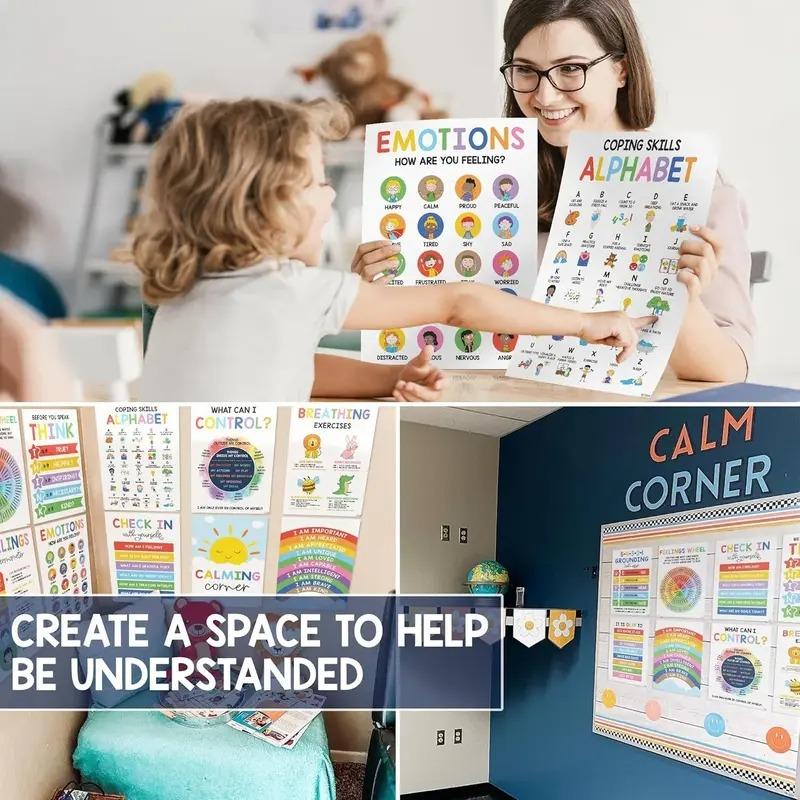 12Pcs 10x14 ESL Calming Posters for Kids - Emotions Chart & Zones of Regulation, Calm Down Corner Supplies, SEL Visual Learning Tools for Emotional Intelligence, Classroom Therapy & Counselor Office Decor,Counselor Office Educational Supplies