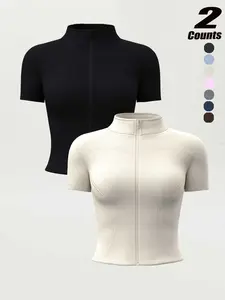 Women's Short Sleeve Zipper Jacket Coat, High Stretch Quick Dry Yoga Top, Summer Running Sports Shirt, Stand Collar Tight Fit Outerwear
