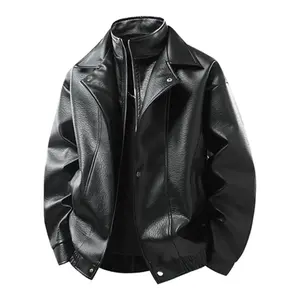 Men’s leather jacket made from high-quality PU leather, featuring a faux two-piece design, solid color, non-stretch, regular fit, zipper closure, casual and stylish design, comfortable and durable, suitable for riding and outdoor activities