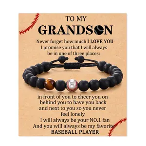 Adjustable Sports Beaded Bracelet for Boys, Natural Stone Braided Bracelet with Baseball Basketball Football Charms, To My Son Inspirational Gift for Teen Boys, Birthday Graduation Christmas Gift