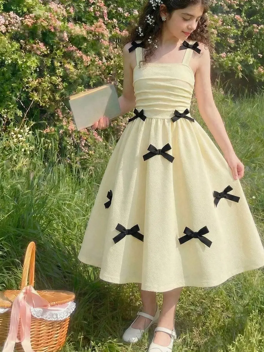 Tween Girls Elegant Pink Ribbon Bow Dress - 3D Full Body, Party & Spring/Summer Outfit