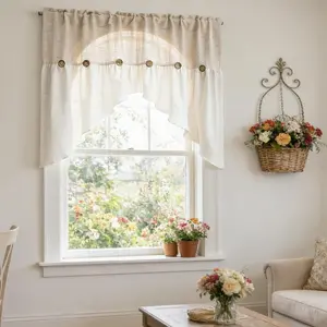 1PC Beige Linen Farmhouse Curtain Swag for Living Room Button Kitchen Curtain Valance Privacy Rod Pocket Boho Window Tiers for Small Windows Bathroom Bedroom