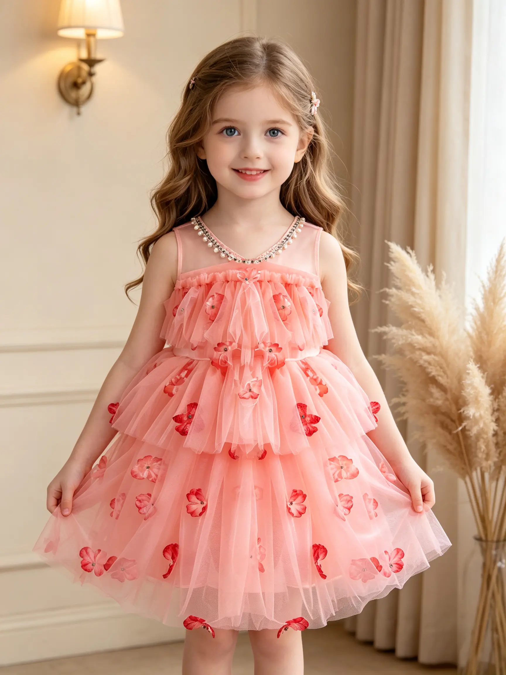 Girls Peach Pink Pearl Neck Spaghetti Strap Cake Tutu Dress, 3D Floral Petal Applique Multi-Layer Tulle Skirt for Daily Wear & Birthday Party