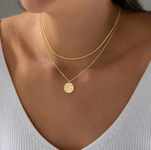 KYERLYN 14K Gold Plated Layered Choker Necklace | Snake Chain + Hammered Disc |  Dainty Minimalist Jewelry | Perfect for Layering with Blouses & Dresses | Hypoallergenic & Waterproof | Viral TikTok Accessory for Women Spring Break Aesthetic Y2K Jewelry