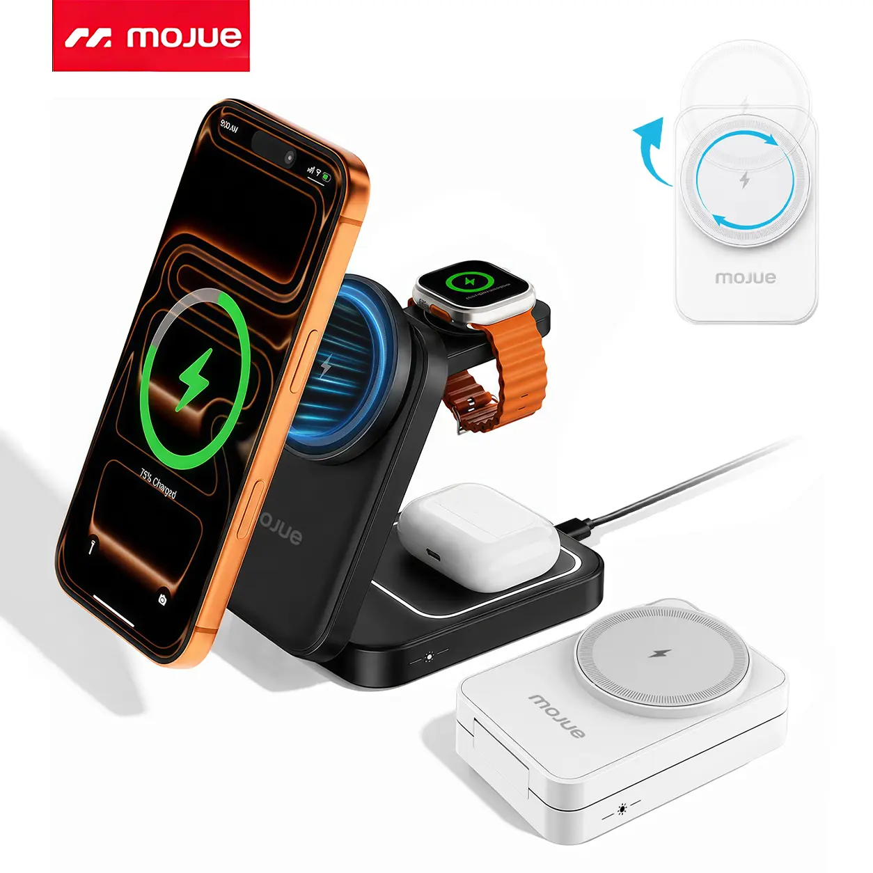 MOJUE 3 in 1 Charging Station for Apple Device, Magnetic Palm-Sized Foldable Fast Charger Stand Compatible with MagSafe for iPhone 15 16 17, Apple Watch & AirPods, Foldable Charging Dock for Desk