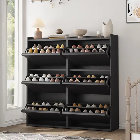 Black Wooden Wall-Mounted Shoe Rack Organizer - 6 Flip-Open Drawers, Adjustable Shelf & Dividers, Waterproof Adjustable Organizer, Small Room Entryway/Hallway Furniture for Men's Shoes, Easy Installation