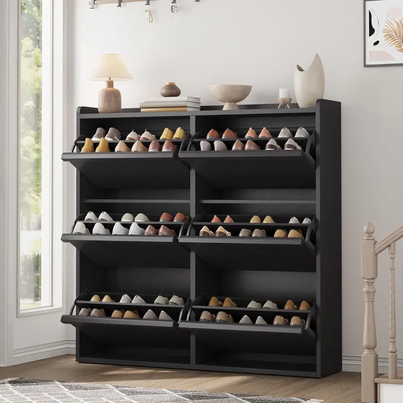Black Wooden Wall-Mounted Shoe Rack Organizer - 6 Flip-Open Drawers, Adjustable Shelf & Dividers, Waterproof Adjustable Organizer, Small Room Entryway/Hallway Furniture for Men's Shoes, Easy Installation
