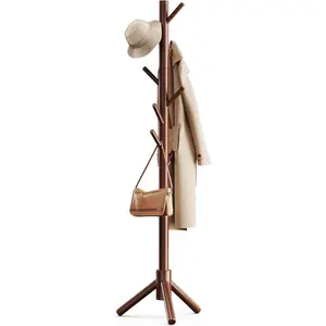 Sturdy Wooden Coat Tree with 8 Hooks, 3 Adjustable Sizes for Clothes, Hat Stand for Bedroom/Office/Entryway, Brown