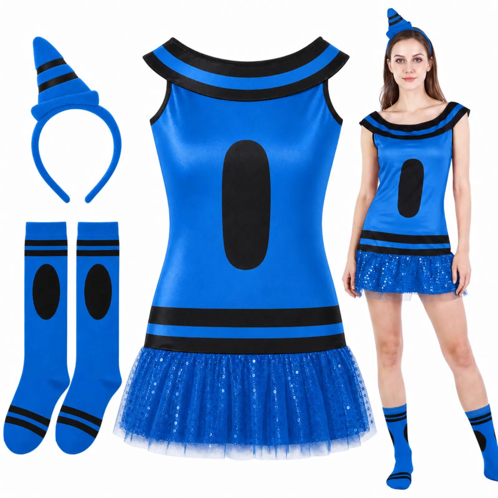Halloween Crayon Costume Set for Women Men Teachers, 28.7in long, 37in Bust, 31.5in waist, Polyester Crayon Tutu Skirt Dress & Socks & Handband for Halloween Group Team Cosplay
