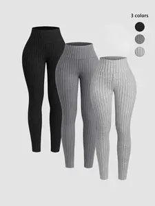 Women's Fall Winter Fleece Lined Thick Plush High Waist Slim Fit Long Pants Bottom, Fashion Versatile Basic Solid Color Casual Trousers, 3 Piece Set