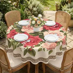 Round table cloth with pink and red roses on beige background, romantic retro style table accessory, for Valentine's Day, Date Night Dinner, Restaurant