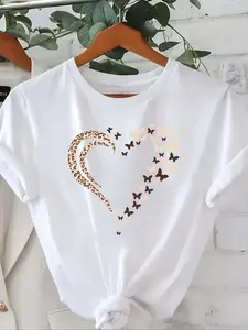 Women's Leopard & Butterfly Print Round Neck Tee, Casual Heart Graphic Short Sleeve T-Shirt, Ladies Clothes for All Seasons