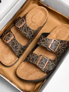Vintage Letter Pattern Cork Insole Sandals, Adjustable Buckle Dual Strap Men's and Women's Sandals, Comfortable and Stylish Footwear